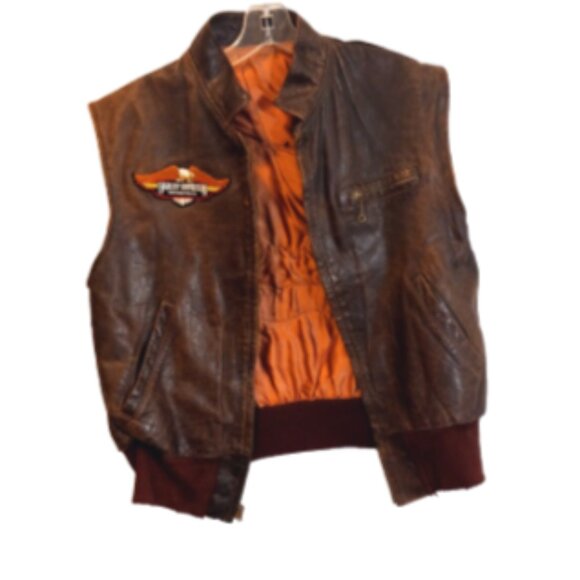 Men’s Distressed Brown Leather Vest XL Full Zip Lined Pockets Vintage w/ Patches - Picture 4 of 11